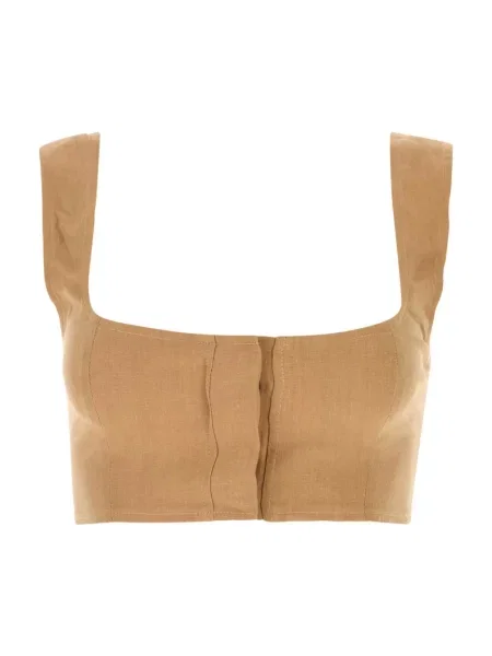 Lniany top Le Kasha o krotszym kroju brązowy