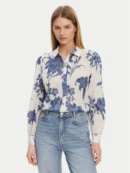 Риза Guess CLARA дамска със стандартна кройка с класическа яка бежово