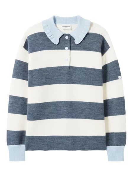 Kołnierzykowy polo Claudie Pierlot w paski z falbankami białe