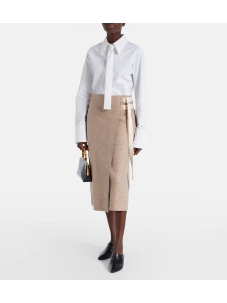 Fustă midi Jil Sander de lână până la genunchi bej
