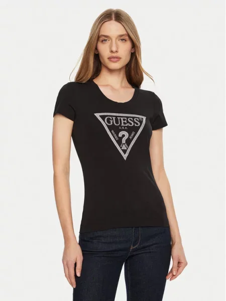 Guess T-Shirt SS CN SHINY TRIANGLE Shirt Fit czarny