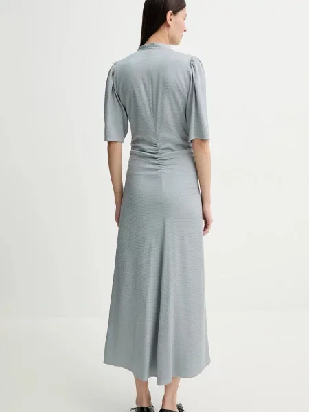 Lniana sukienka midi Gestuz do kolan niebieska