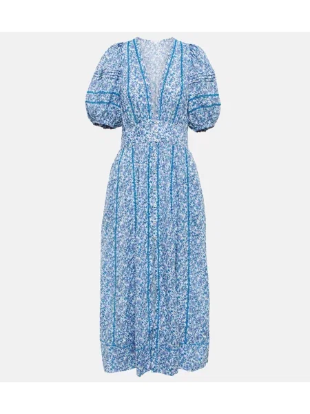 Rochie midi Poupette St Barth cu model floral până la genunchi de costum albastru