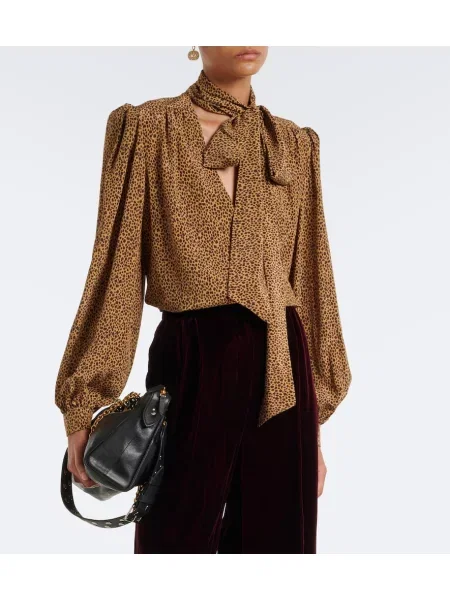 Bluză Valentino de mătase cu imagine cu model leopard maro