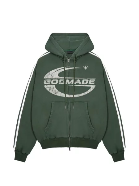 Hanorac cu glugă Godmade cu dungi cu imagine verde
