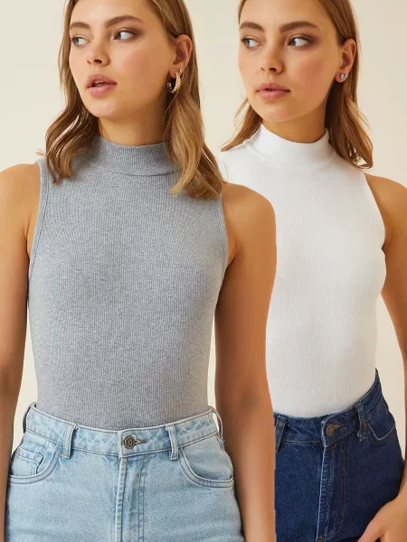 Happiness İstanbul Top brodat gri amestecat alb