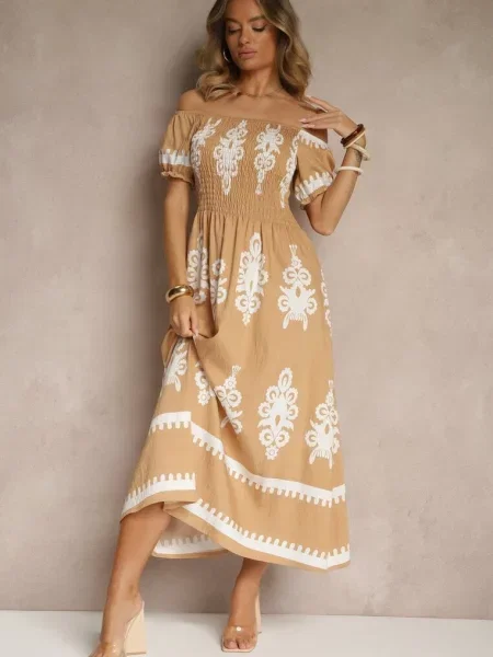 Ciemnobeżowa Sukienka Hiszpanka Ozdobiona Etnicznym Printem Aralette beżowa