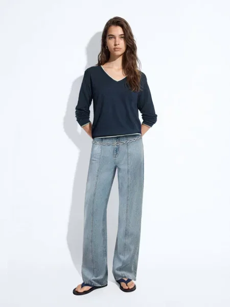 Sweter z dekoltem w serek i kontrastowymi lamówkami Teen S MANGO TEEN granatowy