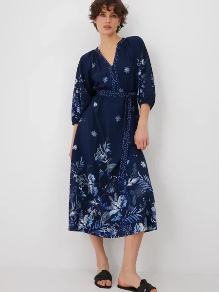 Medicine sukienka z domieszką lnu maxi rozkloszowana granatowy