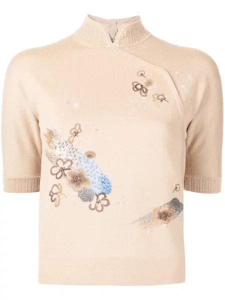 Top Shiatzy Chen cu broderie tricotate cu guler de stand-up maro