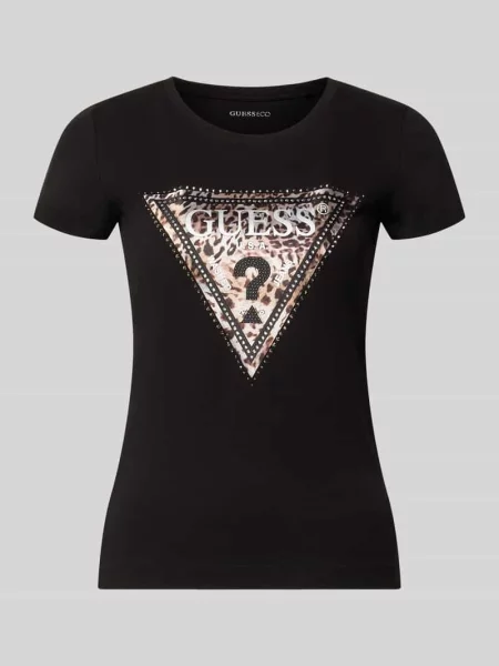 T-shirt w kroju slim fit z elastycznej mieszanki bawełny model SAVANNA' Guess czarna