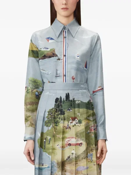 Cămașă Thom Browne de mătase cu imagine albastru