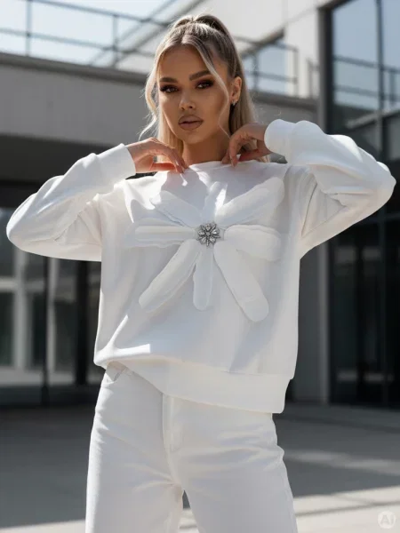 Bluza oversize z kwiatem PETITKA ecru Dstreet