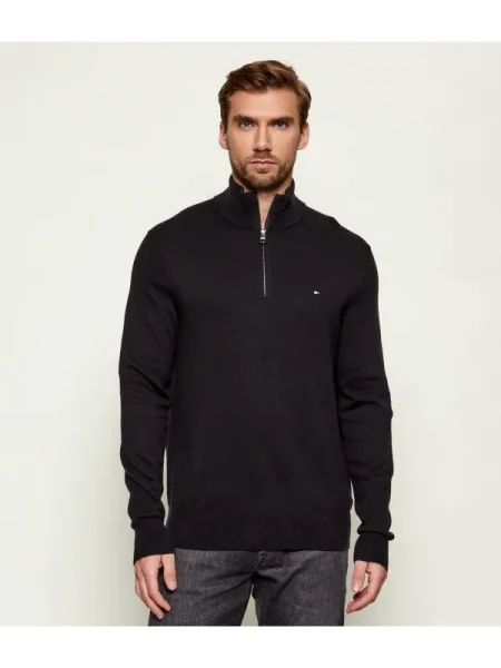 Tommy Hilfiger Pulover ZIP MOCK cu adaos de cașmir negru