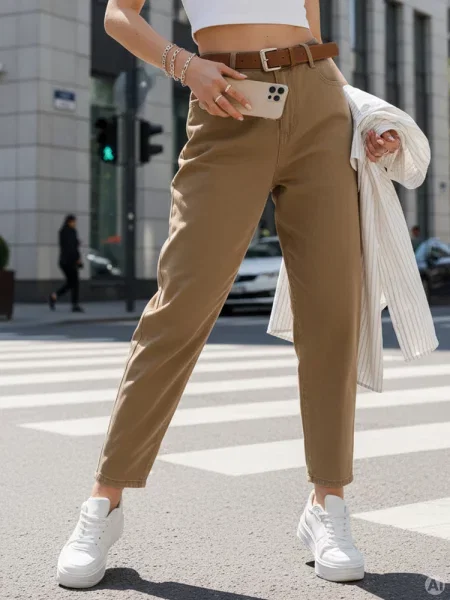 Jeansy z paskiem mom fit ciemnobeżowe Dstreet