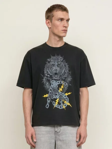 Allsaints Tričko Iron Tiger / světle šedá černá