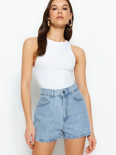 Szorty jeansowe Trendyol z wysoką talią z kamieniami niebieskie