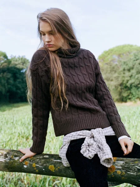 Pleciony sweter z wywijanym kołnierzem Teen L MANGO TEEN brązowy