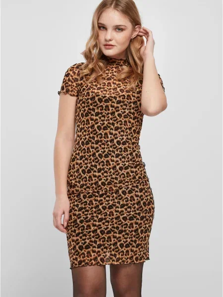 Sukienka mini Urban Classics w panterkę z siateczką brązowa