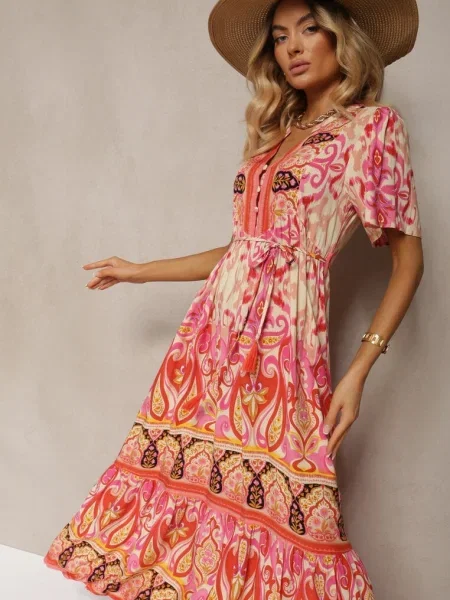 Boho Sukienka z z Ozdobnymi i Cienkim w Talii Dimosia czerwona