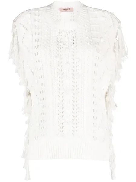 Vestă Twinset cu franjuri tricotate alb