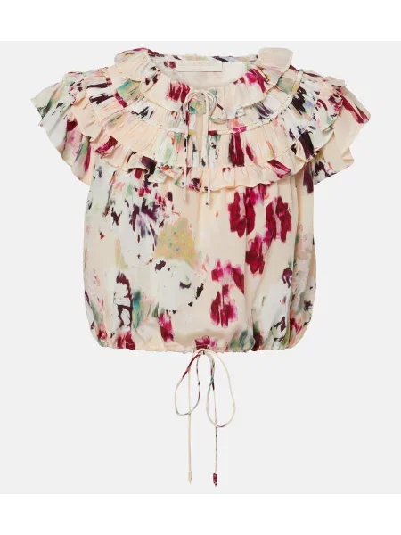 Top Ulla Johnson de mătase cu model floral cu volane roz