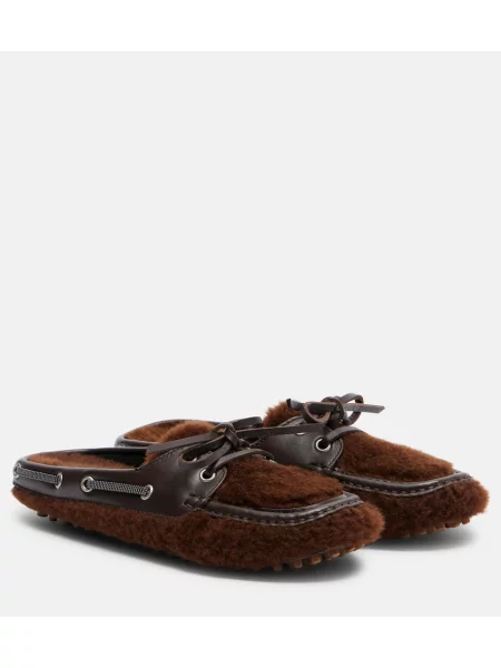 Mules Brunello Cucinelli z ovčí kůže hnědé