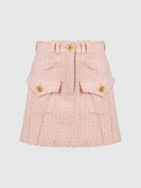 Твидовая юбка Balmain с бахромой розовая
