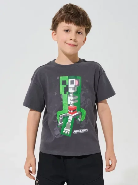 Sinsay loose tričko s potiskem Minecraft šedá