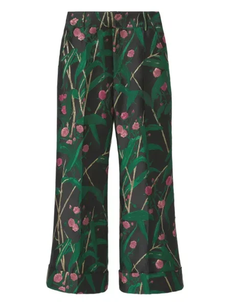 Pantaloni La Doublej cu model floral din jacard verde