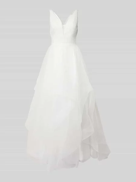 Suknia ślubna z delikatnymi falbanami spódnicy Mascara biała