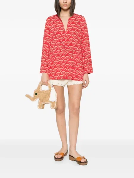 Gėlėtas raštuotas palaidinė Siyu v formos iškirpte raudona