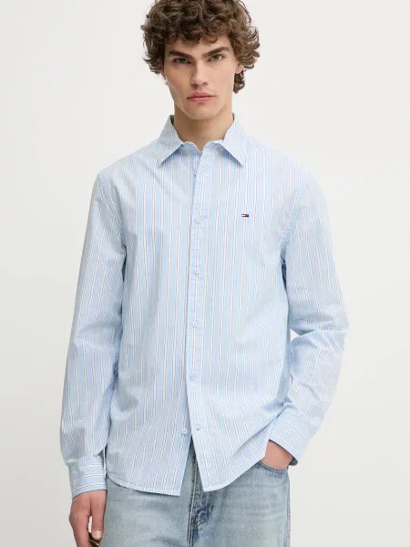 Риза Tommy Jeans със стандартна кройка с класическа яка синьо