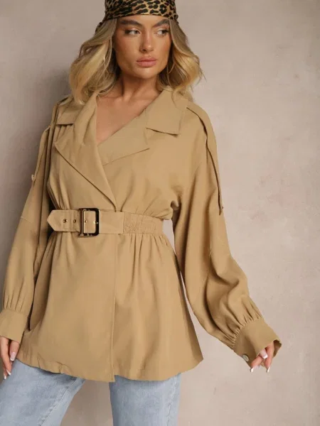 Palton Scurt cu și Talie Elastică și Mâneci Bufante Pathia bej