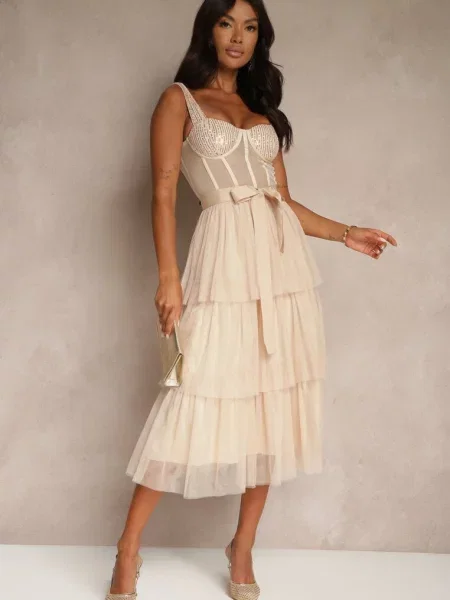 Koktajlowa Sukienka na Ramiączkach Ozdobiona Cekinami Falbanami i Kokardą Inalisa beżowa