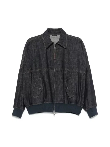 Haftowana kurtka jeansowa Brunello Cucinelli skórzana elegancka czarna