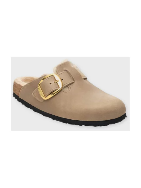 Klapki Birkenstock skórzane na sprzączkę brązowe