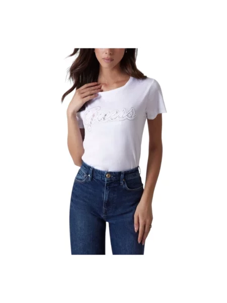 T-shirt z z obszyciem kamieniami stras Guess biała