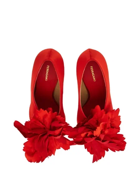 Pantofi cu toc Ferragamo din satin cu model floral roșu