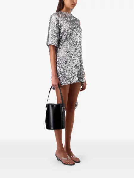 Rochie Coperni drapată de costum argintiu