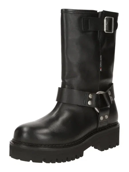 Botine Tommy Jeans din piele biker negru
