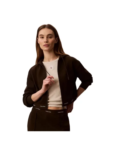 Bluza z kapturem Calvin Klein Jeans z kapturem z logo brązowa