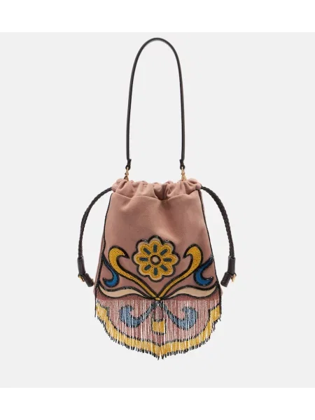 Geantă de mână Etro din piele de căprioară cu mărgele roz