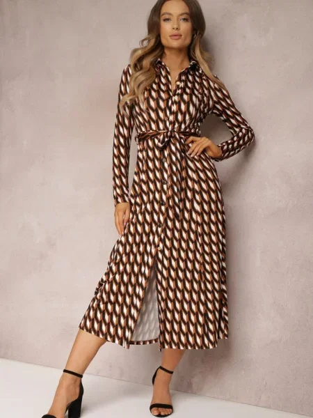 Sukienka Koszulowa w Geometryczny Wzór Fendwe brązowa