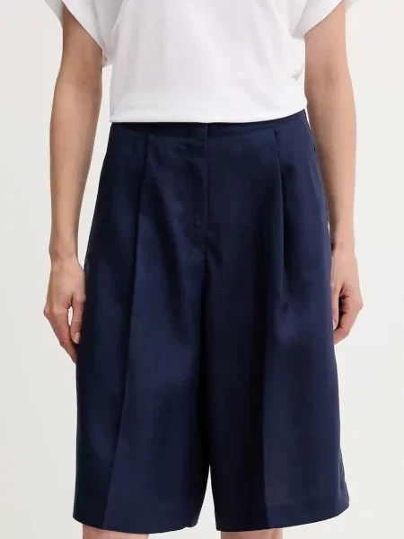 United Colors of Benetton szorty z domieszką lnu gładkie high waist granatowy