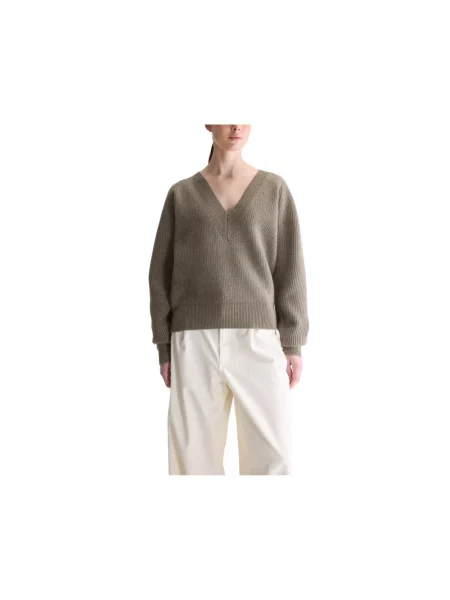 Sweter Bellerose wełniany z dekoltem w serek beżowy