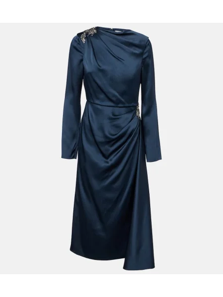 Satynowa sukienka koktajlowa Erdem z kryształkami garniturowa niebieska