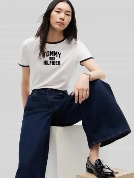 Spodnie z szerokimi nogawkami z czystej bawełny Tommy Hilfiger niebieskie