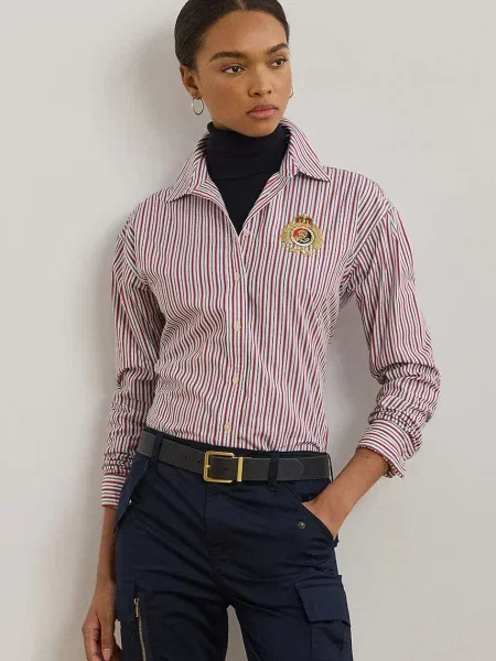 Риза Lauren Ralph Lauren дамска тъмносиньо със свободна кройка с класическа яка винено червено