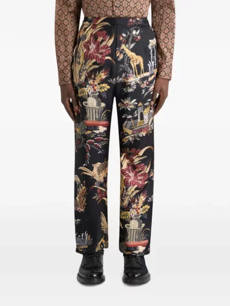 Pantaloni Etro de mătase cu model floral negru
